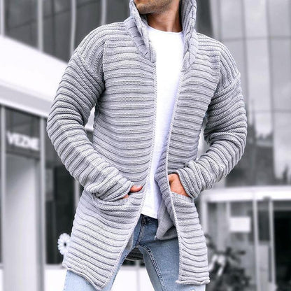 Gilet en maille homme, capuche, ouvert, long