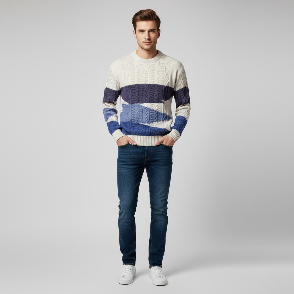 Strickpullover Herren Zopf Muster Rundhals - IdealeKleiden