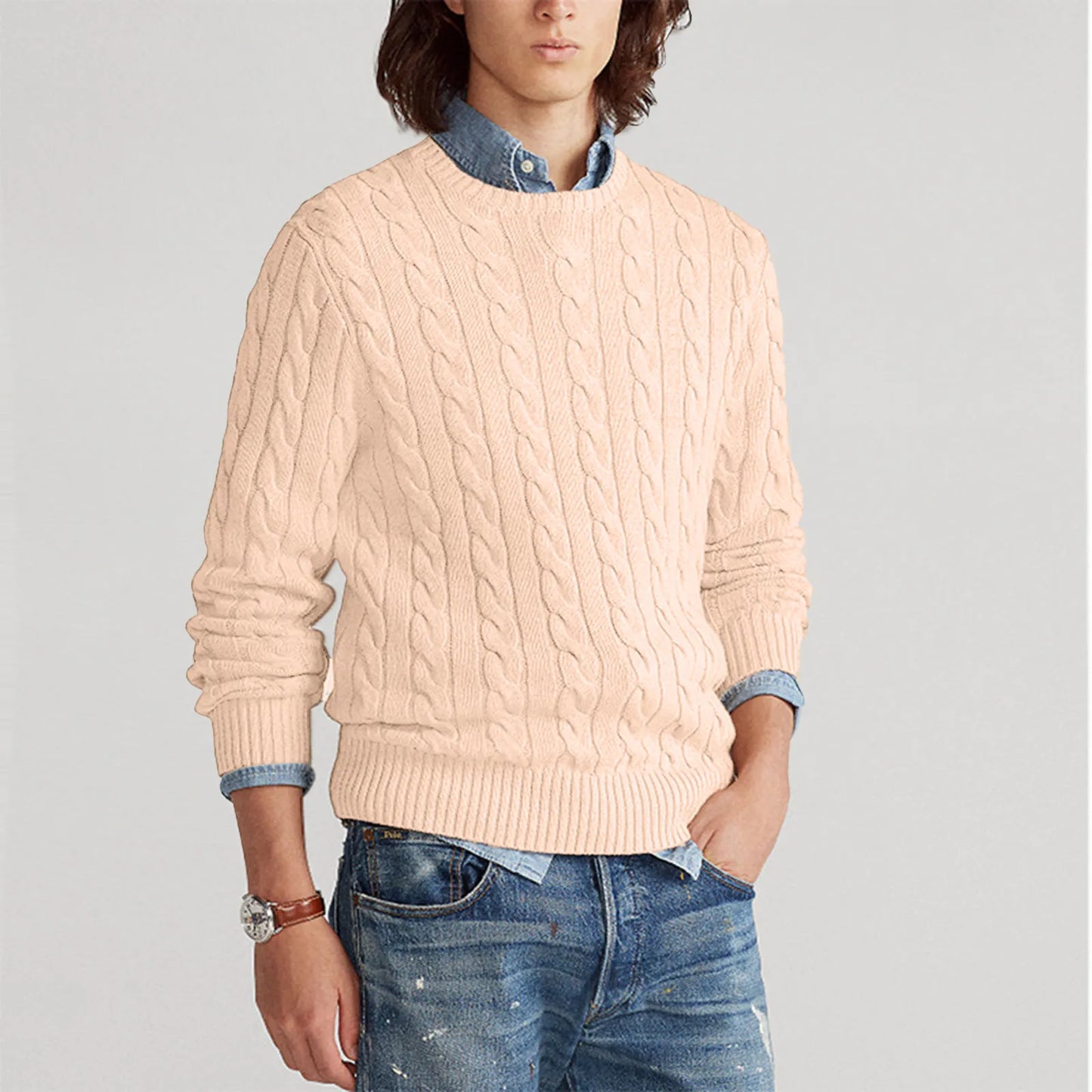 Pull torsadé à col rond pour homme
