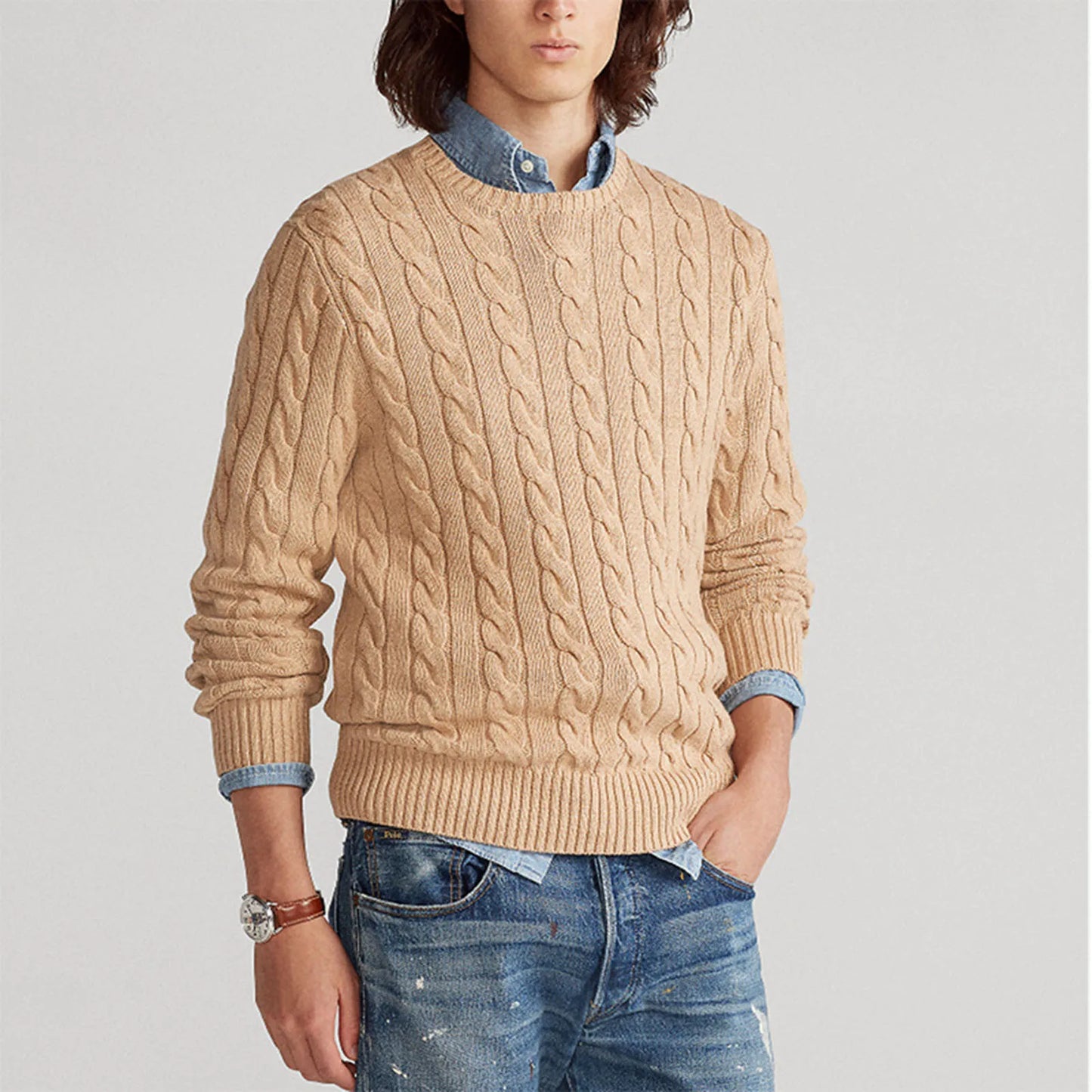 Herren Strickpullover Zopf Muster Rundhals - IdealeKleiden
