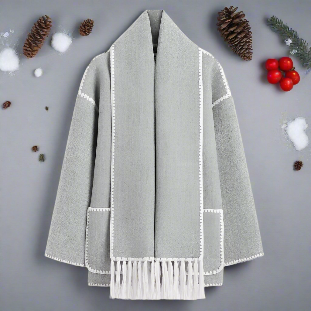 Manteau en laine pour femme coupe ample fermeture boutonnée avec coutures décoratives et écharpe