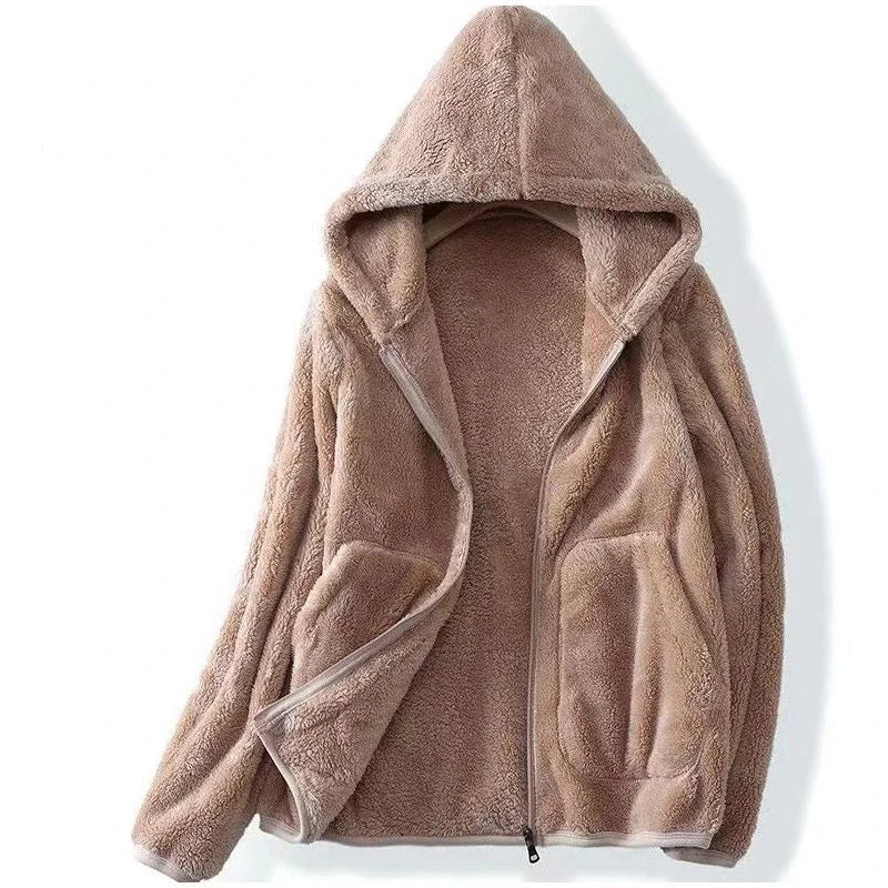 Damen Teddyjacke Warm Kapuze Reißverschluss - IdealeKleiden