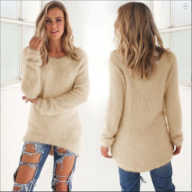 Pull en tricot doux pour femme, moelleux, manches longues