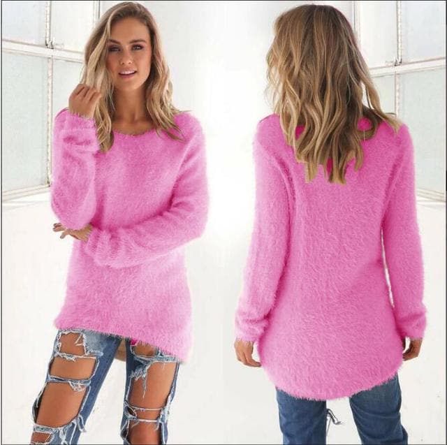 Pull en tricot doux pour femme, moelleux, manches longues