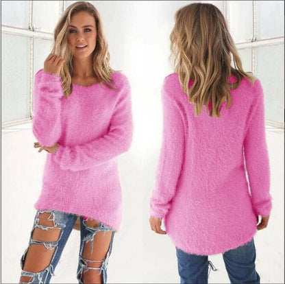 Pull en tricot doux pour femme, moelleux, manches longues