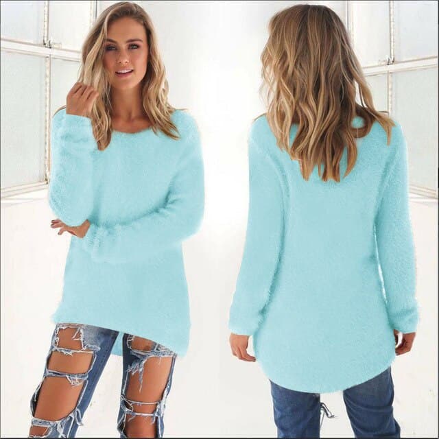 Pull en tricot doux pour femme, moelleux, manches longues