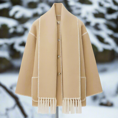 Manteau en laine pour femme coupe ample fermeture boutonnée avec coutures décoratives et écharpe
