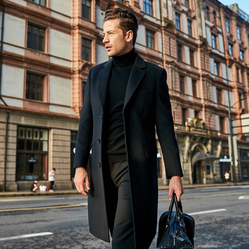 Herren Trenchcoat Lang Wolle Elegant - IdealeKleiden