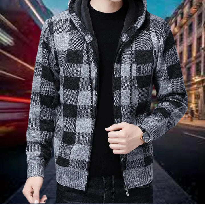 Gilet en maille à carreaux pour hommes, avec capuche, de qualité