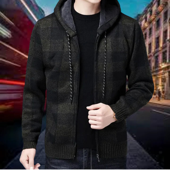 Gilet en maille à carreaux pour hommes, avec capuche, de qualité