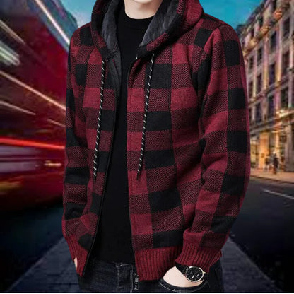 Gilet en maille à carreaux pour hommes, avec capuche, de qualité