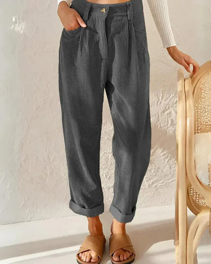 Pantalon élégant en velours côtelé taille haute pour femme