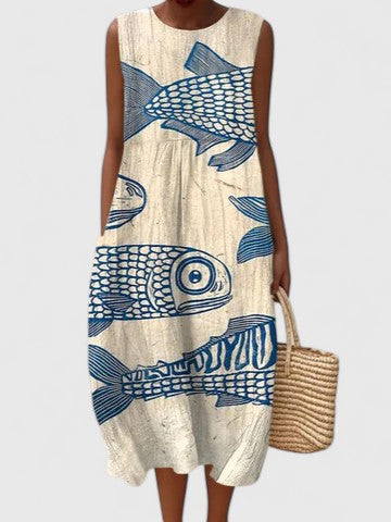 Damen Sommerkleid Fischmuster Boho Chic - IdealeKleiden