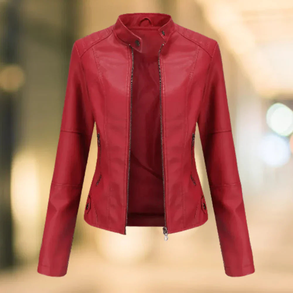 Lederjacke Slim Fit Stehkragen Reißverschluss Hüftlänge →  Lederjacke Damen Slim Fit Stehkragen - IdealeKleiden