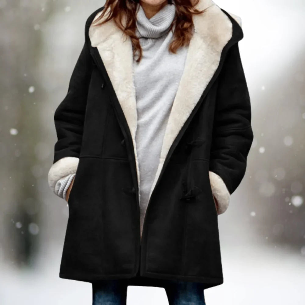 Yarelli - Veste polaire de luxe effet cuir mi-longue à capuche