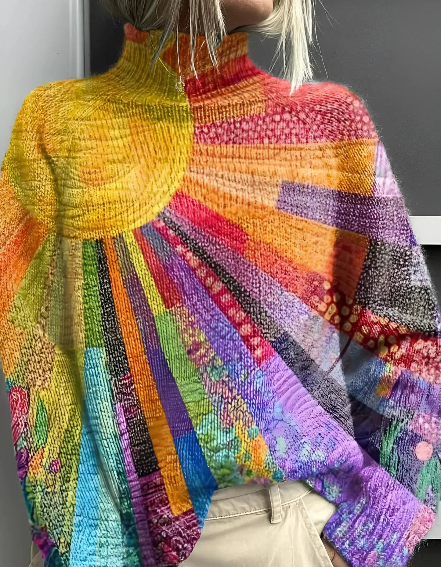 Damen Pullover Bunt Gemustert Hochkragen - IdealeKleiden