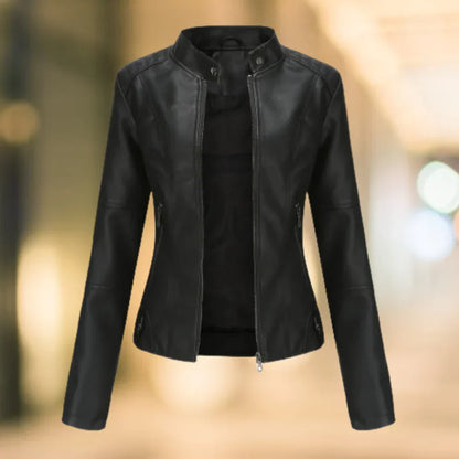 Blouson en cuir pour femme coupe slim, col montant