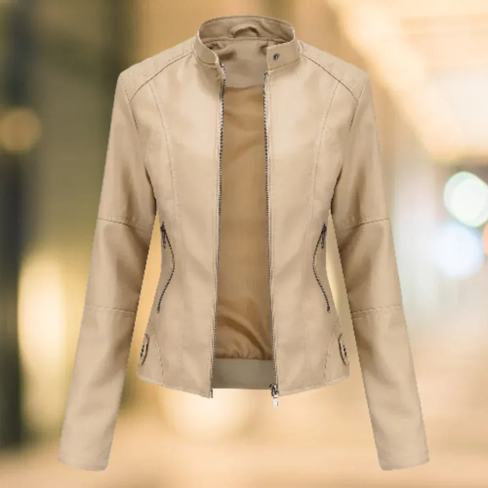 Blouson en cuir pour femme coupe slim, col montant