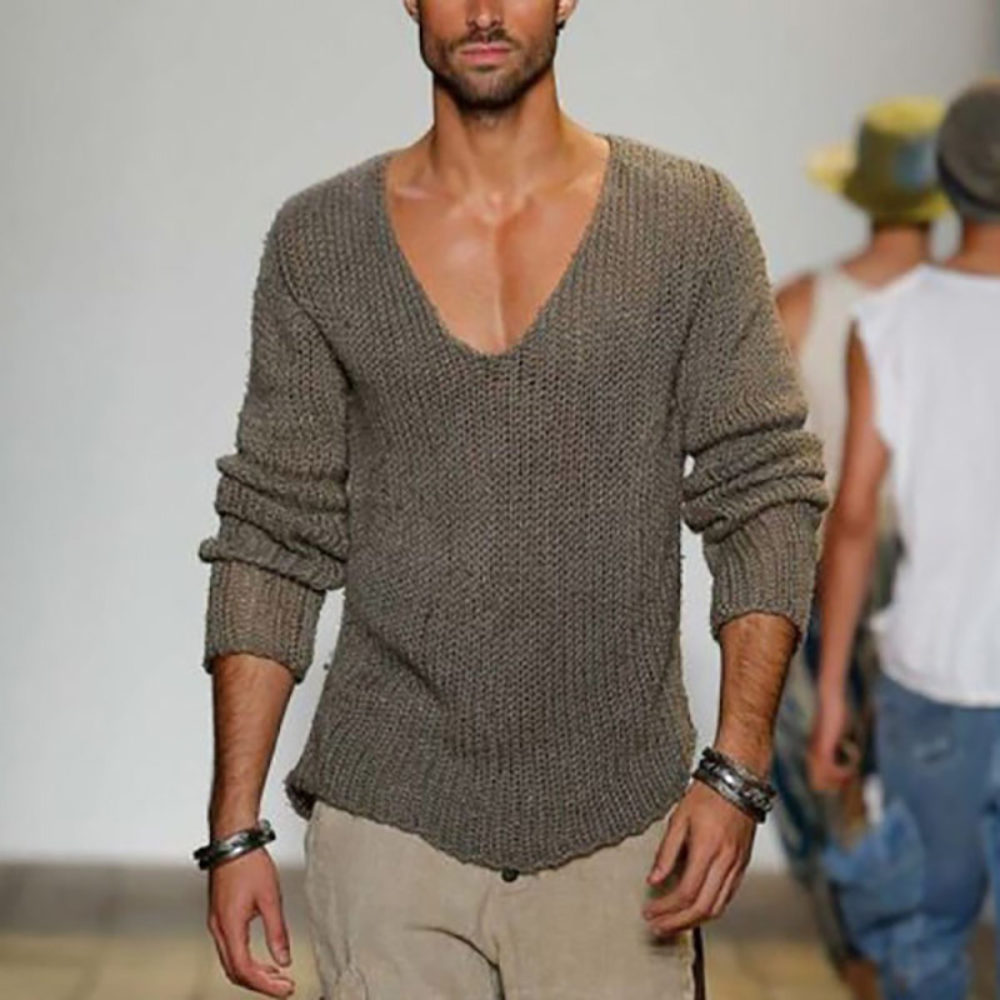 Herren Strickpullover V-Ausschnitt Langarm Sommer - IdealeKleiden