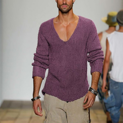 Pull-over tricoté pour homme Col V Manches longues Été