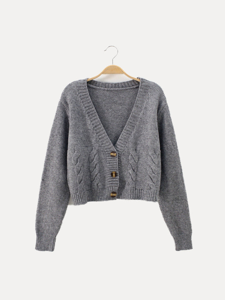 Damen Strickjacke Zopfmuster V-Ausschnitt Knopfverschluss - IdealeKleiden