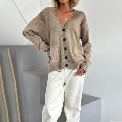 Pull femme coton col en V poches