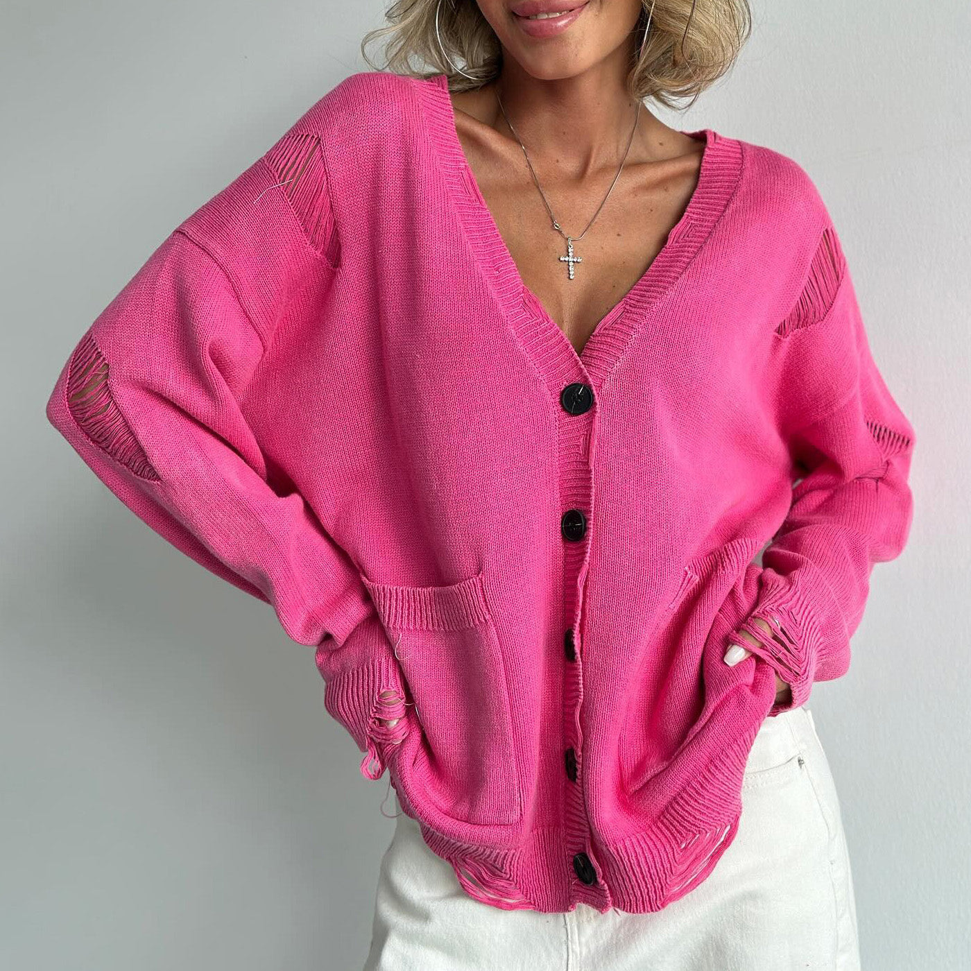 Pull femme coton col en V poches