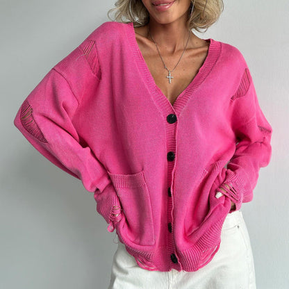 Pull femme coton col en V poches
