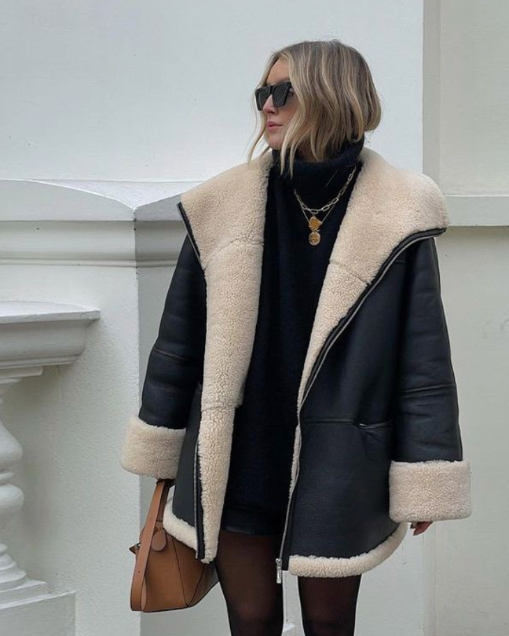 Blouson en cuir d'hiver avec doublure Teddy Chaud & Élégant