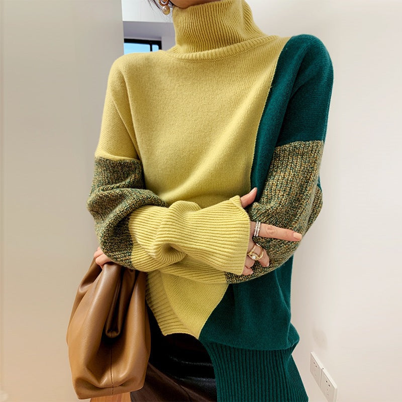 Stylische Pullover | Rollkragen Kontrastfarbe Trendy - IdealeKleiden