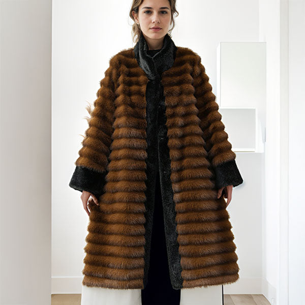 Manteau tendance coupe décontractée col montant avec garniture en fourrure