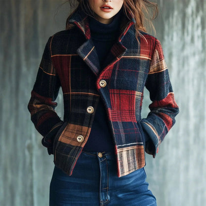 Manteau court à carreaux femme mélange laine