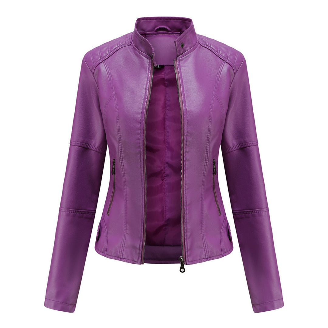 Blouson en cuir style motard col montant