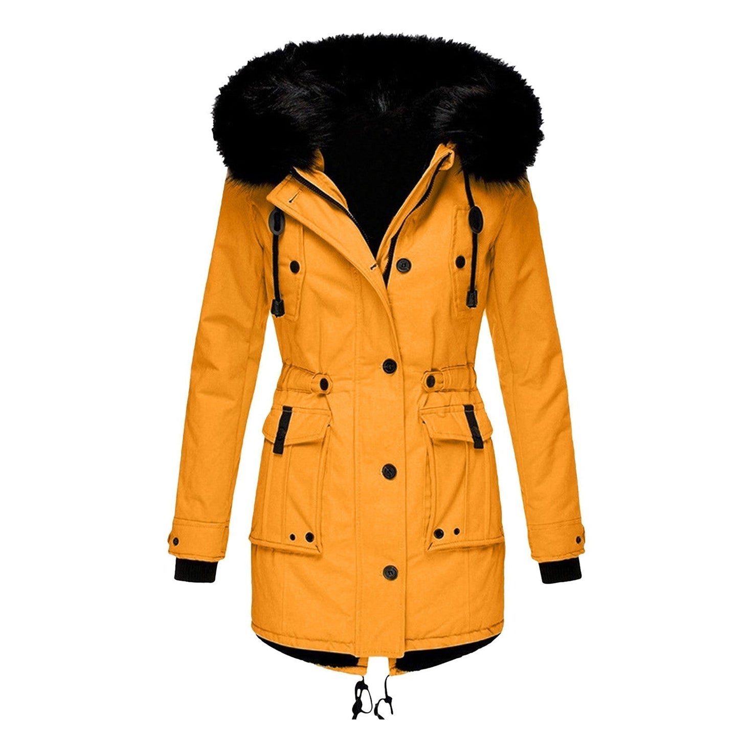 Manteau élégant pour femme mi-long en fausse fourrure avec capuche