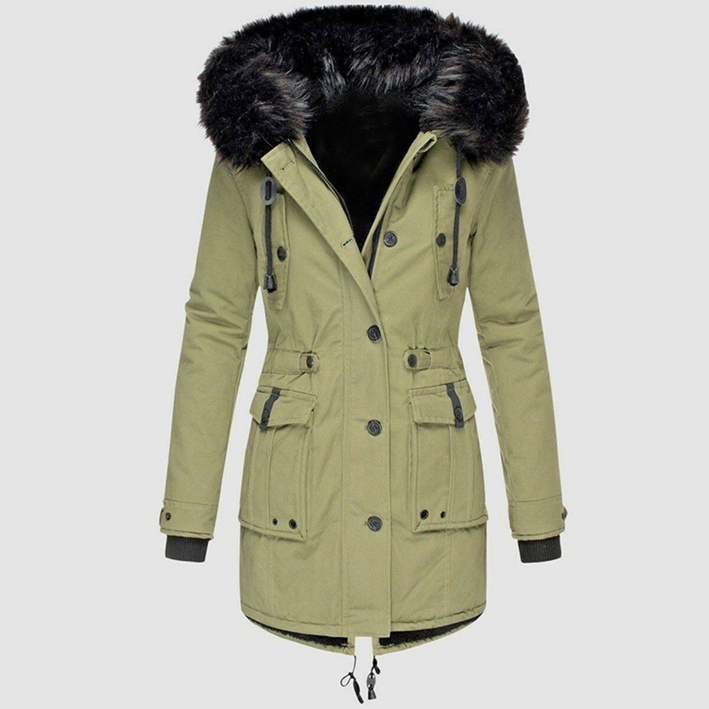 Manteau élégant pour femme mi-long en fausse fourrure avec capuche