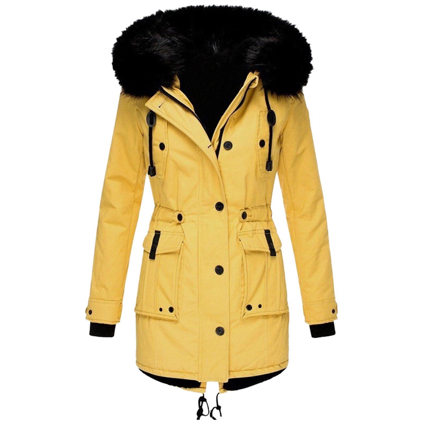 Manteau élégant pour femme mi-long en fausse fourrure avec capuche