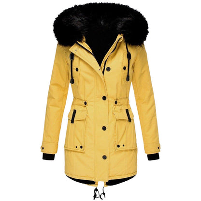 Manteau élégant pour femme mi-long en fausse fourrure avec capuche