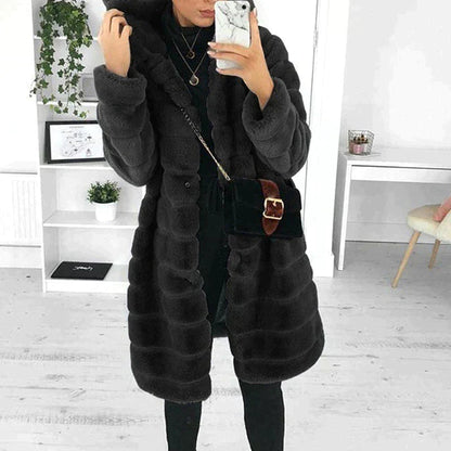 Damen Winterjacke Lang Teddy Mantel Kapuze - IdealeKleiden