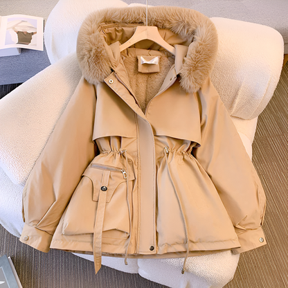 Veste d'hiver élégante capuche fausse fourrure femme