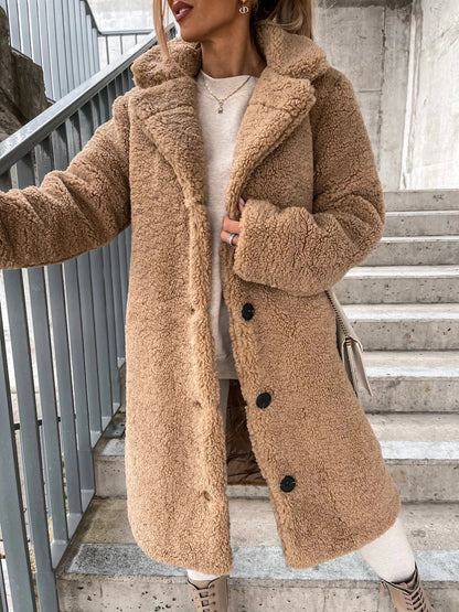 Long manteau Teddy Doux Polaire Capuche Boutons