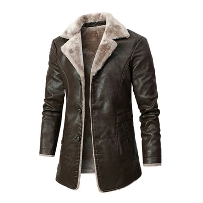 Blouson en cuir pour homme, long, doublé fourrure