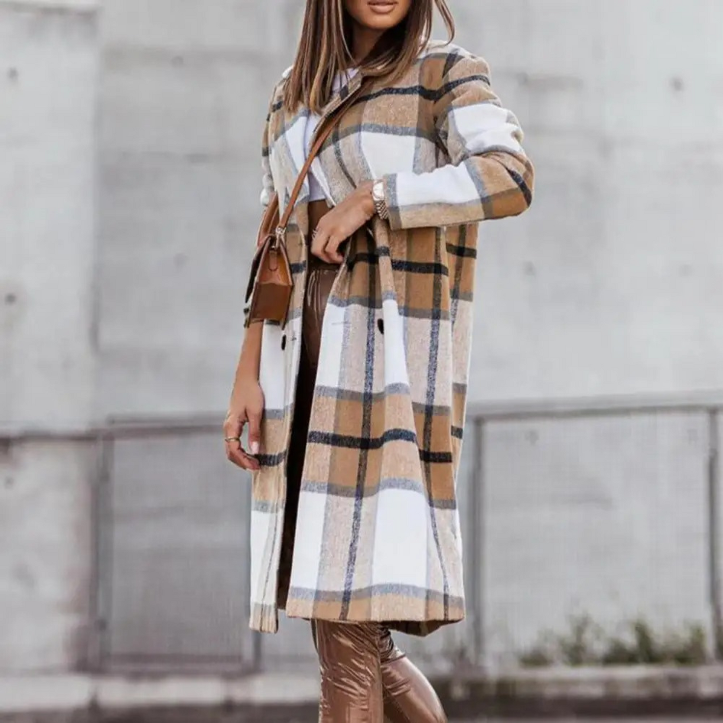 Manteau en laine tendance à carreaux pour femme
