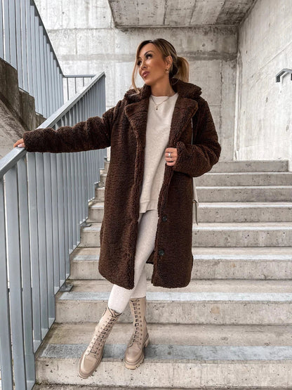 Long manteau Teddy Doux Polaire Capuche Boutons
