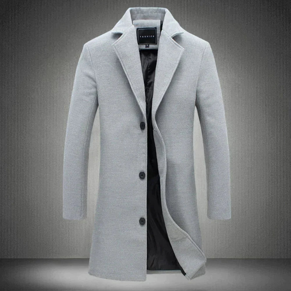 Manteau d'hiver homme simple boutonnage mi-long en laine
