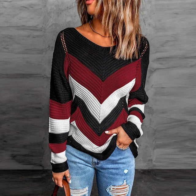 Pull tricoté pour femme, style patchwork aux couleurs automnales