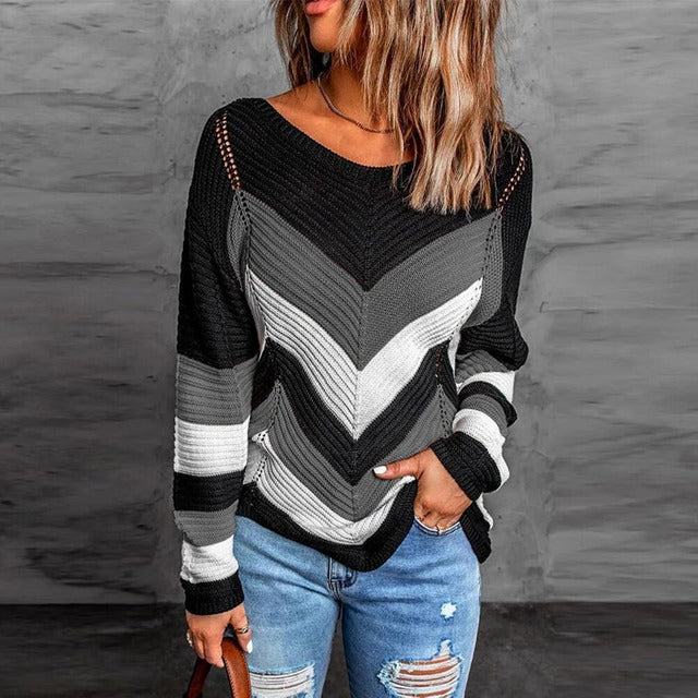 Pull tricoté pour femme, style patchwork aux couleurs automnales