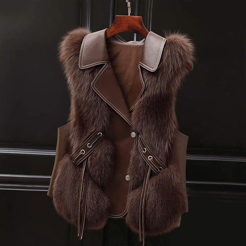 Gilet élégant en fausse fourrure avec cordon et col à revers