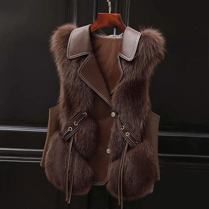 Gilet élégant en fausse fourrure avec cordon et col à revers
