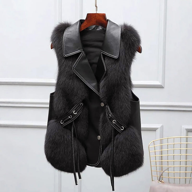 Gilet élégant en fausse fourrure avec cordon et col à revers