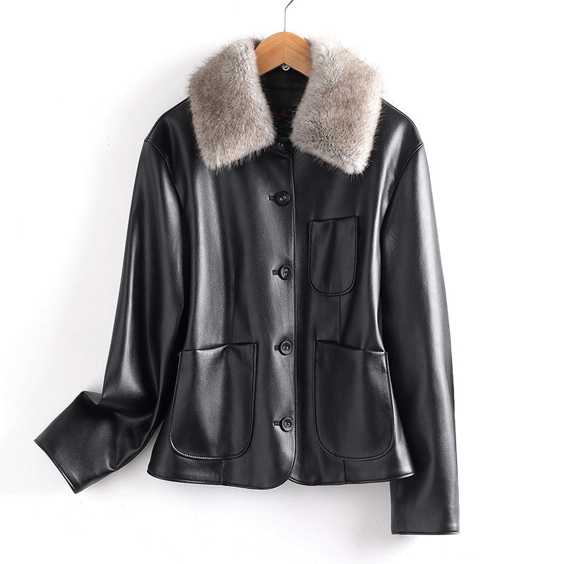Veste en cuir femme élégante col fourrure poches
